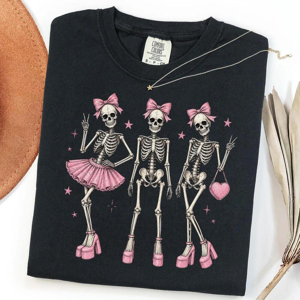 S Coquette Skeleton Shirt, Cute Skeleton Girls T Shirt, Girly Halloween